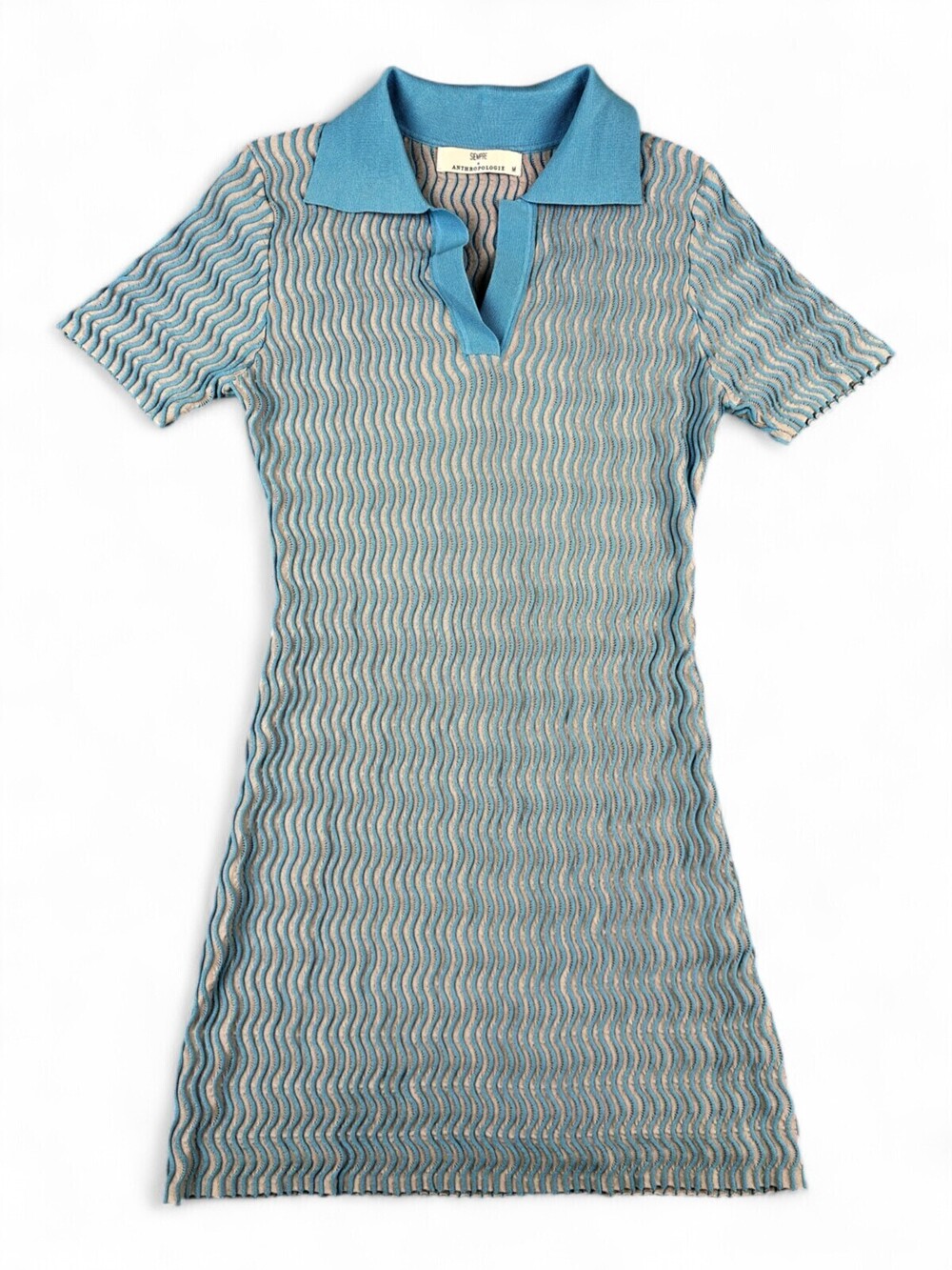 Anthropologie Knit Polo Midi Dress Blue Wave Pattern M